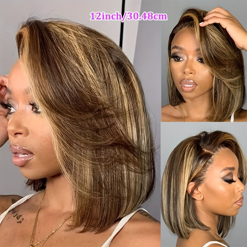 4/27 Highlight Ombre Straight Short Bob Lace Front Wig - 220% Density Human Hair with HD Transparent Lace Closure & Pre-Plucked Baby Hair, Honey Blonde to Dark Brown Gradient - Elegant Style for Women, Perfect for Parties, We